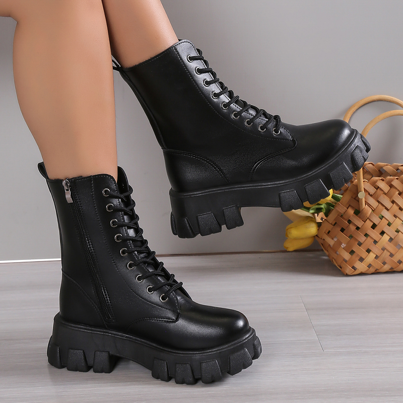 2024 Hot Sale Ladies Shoes Lace Up Women's Autumn Round Toe Solid Platform Water Proof Short Barrel Large Size Naked_voghion.com