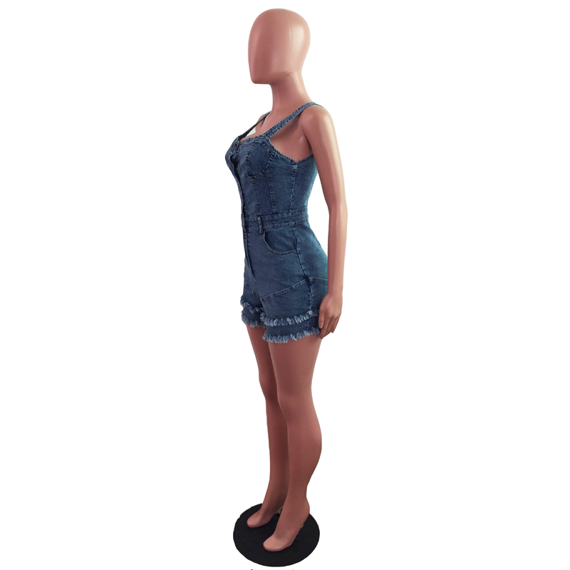 Modischer schmaler Jeans-Strampler für Damen mit Fransen_voghion.com