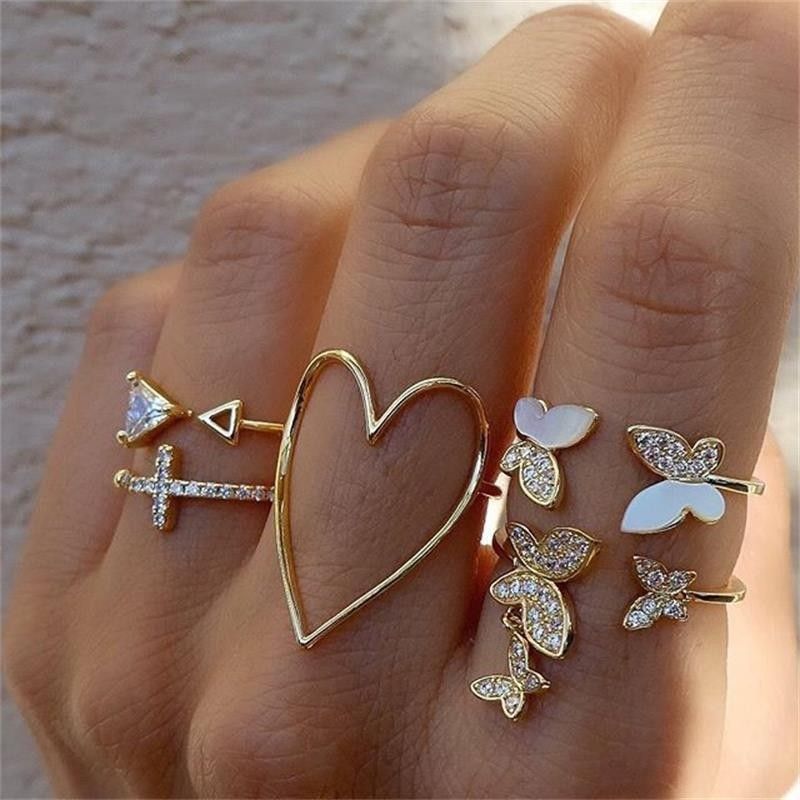 Hip-Hop Style Niche Inlaid Rhinestone Set Open Star Moon Heart Stacking Knuckle Ring_voghion.com
