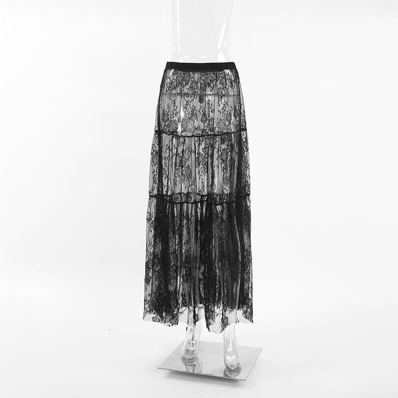 Elegante gonna in pizzo a vita alta con rivestimento in rete trasparente – Gonna midi fluida a trapezio per donna, ricamo floreale di ispirazione vintage_voghion.com