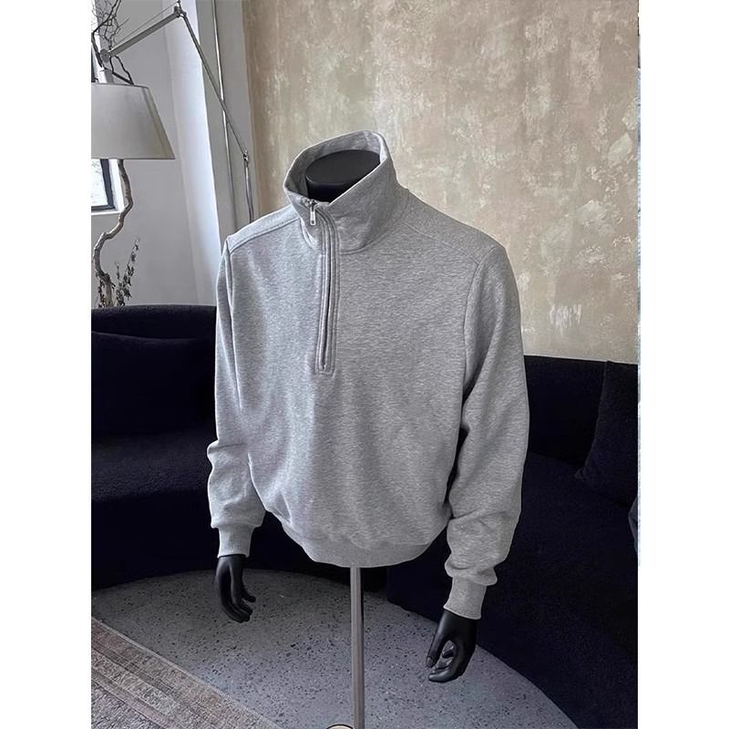 Hellgraues Sweatshirt mit halbem Reißverschluss für Herren – Schwerer Freizeitpullover mit Stehkragen für Frühling und Herbst_voghion.com