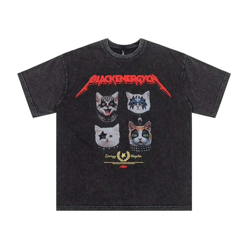 Tricou amuzant și distractiv cu imprimeu de pisicuță, cu mânecă scurtă, trend hip-hop, de vară, pentru bărbați, spălat, distressed, cu mânecă scurtă_voghion.com