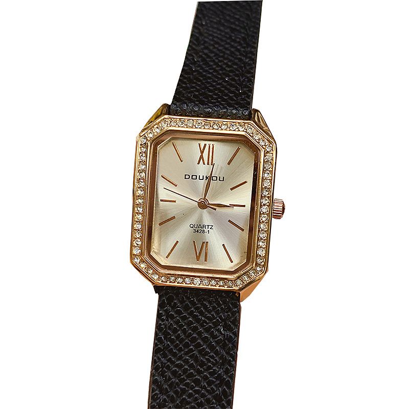 DOUKOU Square Women's Belt With Rhinestones Student Casual Quartz Watch Simple Stud_voghion.com