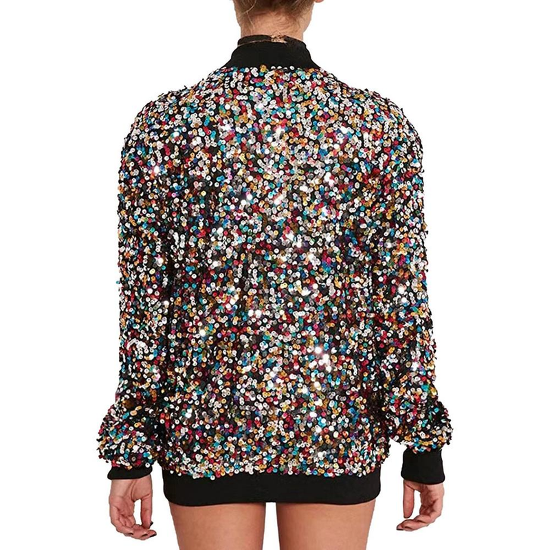 Bomber da festa con zip frontale a maniche lunghe casual con paillettes Ja da donna Blazer con zip a maniche lunghe Blazer da festa di Halloween_voghion.com