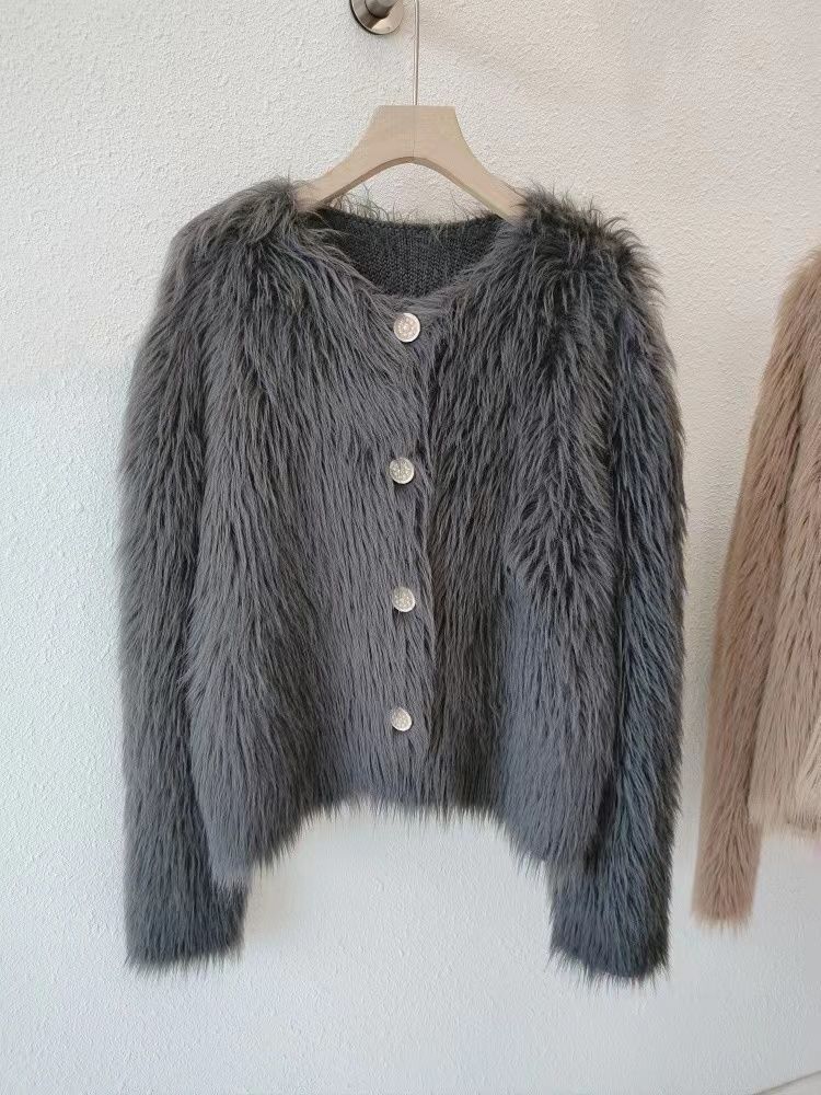 Damenbekleidung Fleece-Strickjacke Pullover Jacke Frauen Herbst und Winter verdickt neue kurze weiche wachsartige_voghion.com