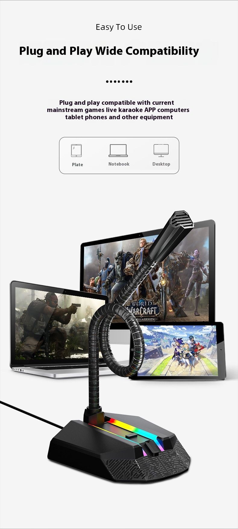 Neie Computer RGB liichtend a biegbar USB MIC Treiber gratis Stëmmchat Videokonferenzmikrofon_voghion.com
