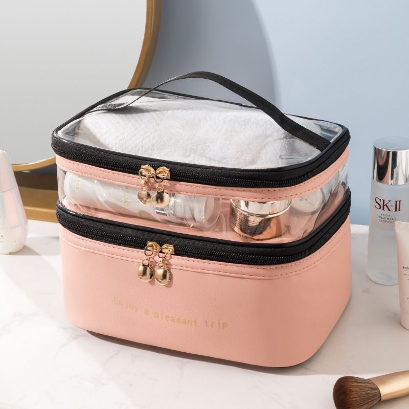 Borsa da toilette portatile trasparente a doppio strato, di colore solido, di grande capacità, borsa da viaggio per cosmetici_voghion.com