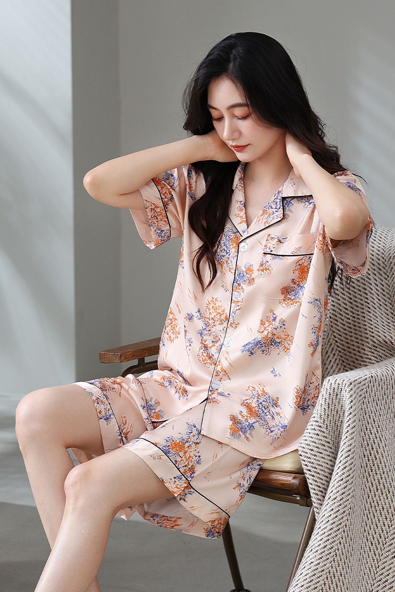 Pyjama d'été pour femme, short à manches courtes en satin glacé, sensation de soie, revers fin et frais, ensemble de vêtements d'intérieur_voghion.com