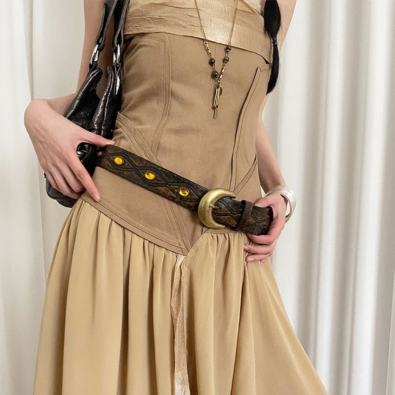 Vintage Western Cowboy Style Women's Belt With Bead Inlay Design, Suitable For Skirts And Jeans, Accessories_voghion.com