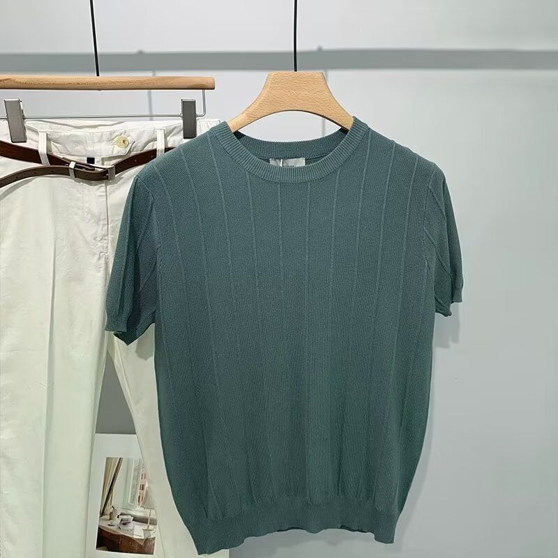 Männerkleeder 2024 Summer Nei Slim Äisseid Gestrickte Ronn Hals Kuerzärm T-Shirt Männer T-Shirt Yuppie T-Shirt Männer_voghion.com