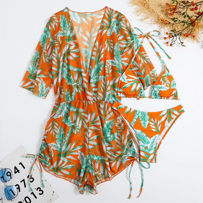 Verve 2025 Long Sleeve Three-Piece Set Mesh Waist Drawstring Printed Two-Piece Bikini Swimsuit For Women_voghion.com