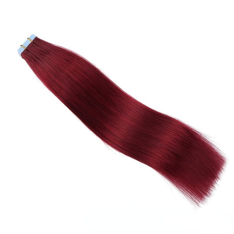 Bordeauxrøde Tape-in Hair Extensions til Kvinder, Glat Remy Ægte Hår, Glat Hair Extensions, Vinrøde Hair Extensions_voghion.com