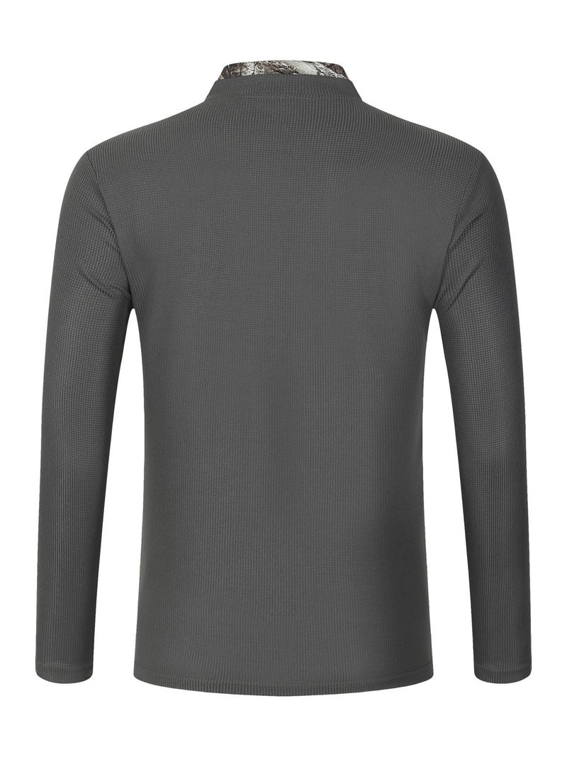 Polo da uomo a maniche lunghe con colletto alto e cuciture, modello Waffle, primavera e autunno_voghion.com