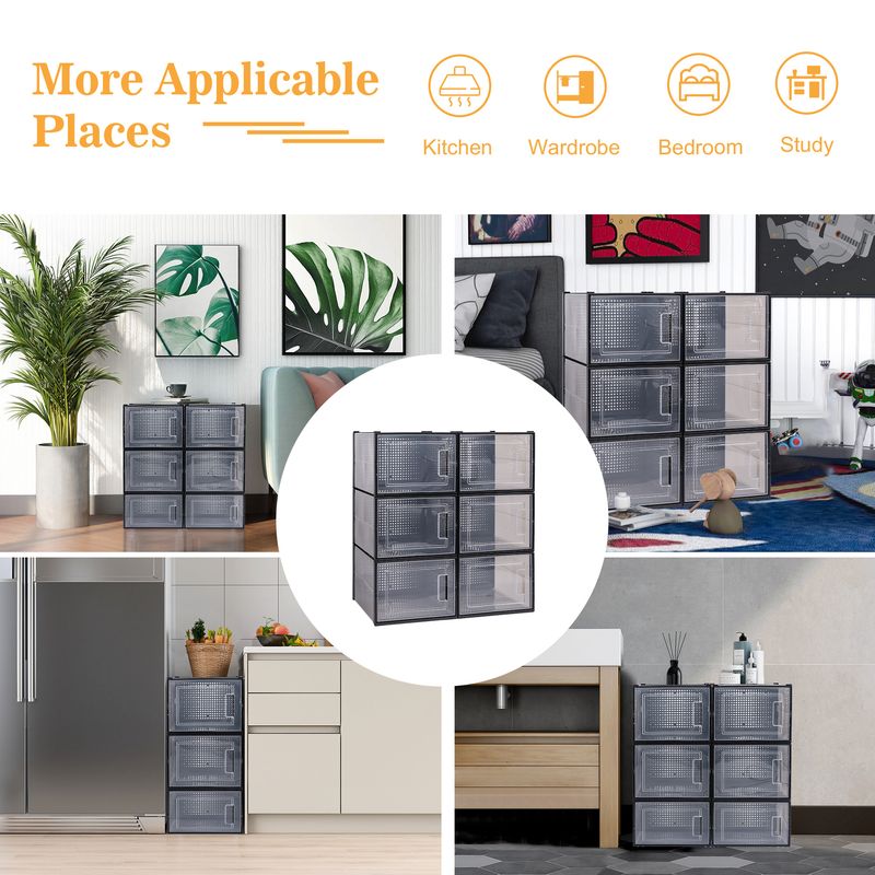 Storage Shoe Box; Foldable Clear Sneaker Display Box; Stackable Storage Bins Shoe Container Organizer; 6 Pack - Black_voghion.com