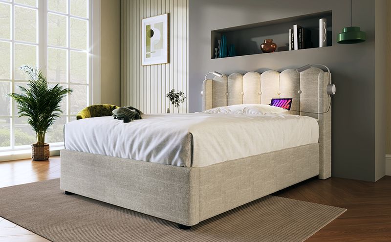 Cadre de lit simple rembourré avec liseuse, fonction de charge, rangement pour la tête de lit, lit enfant en lin 90 x 200 cm avec sommier à lattes (matelas non inclus, coloris naturel)_voghion.com