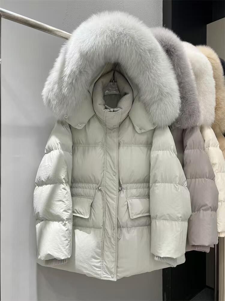 Women's Long Puffer Coat With Fox Fur Collar – Oversized Fit, RDS-Certified White Goose Down, Belted Waist For A Flattering Silhouette_voghion.com