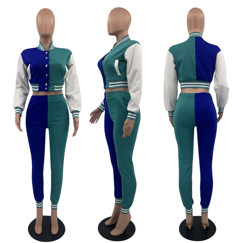 Farblich passendes Jackenset für Damen mit Revers und langen Ärmeln, zweiteiliger Baseballanzug_voghion.com