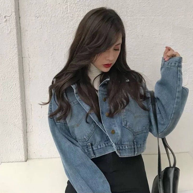 Xpqbb Chaqueta vaquera recortada para mujer, moda coreana, chaqueta bomber con botones divididos en la espalda, chaqueta vaquera de manga larga con solapa para mujer_voghion.com