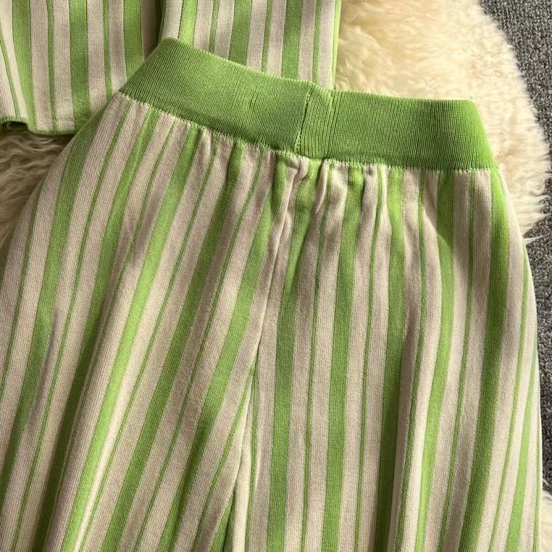 Women's Clothing round neck striped knitted vest top, two-piece suit, high waist, slimming, straight wide-leg pants_voghion.com