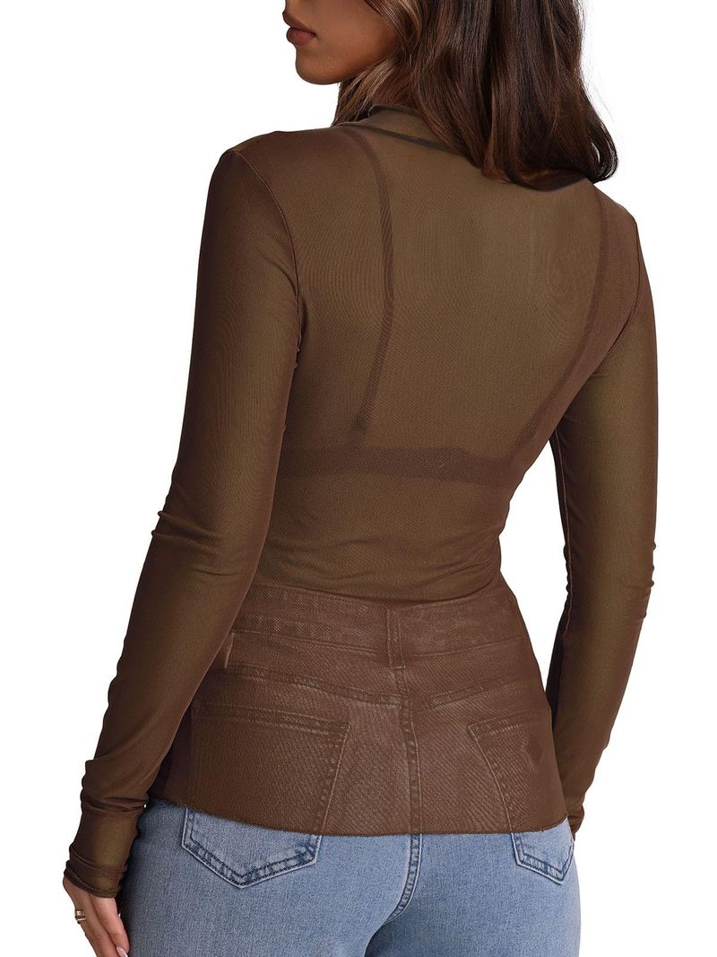 Women's Clothing Half High Neck Perspective Long Sleeved T Shirt Sexy Mesh Top_voghion.com