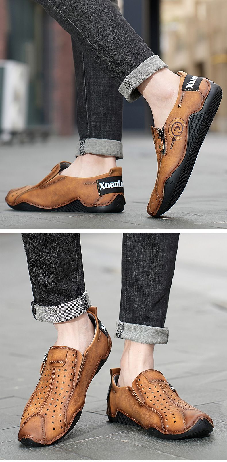 Spring and summer 2024 new oversized perforated breathable casual bean shoes, zipper men's shoes_voghion.com