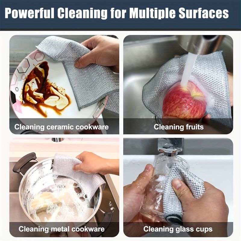 20-5pcs Thickened Steel Wire Cleaning Cloth Non-Scratch Double-layer Iron Microfiber Mesh Dishrag Washing Pot Rags Kitchen Towel_voghion.com