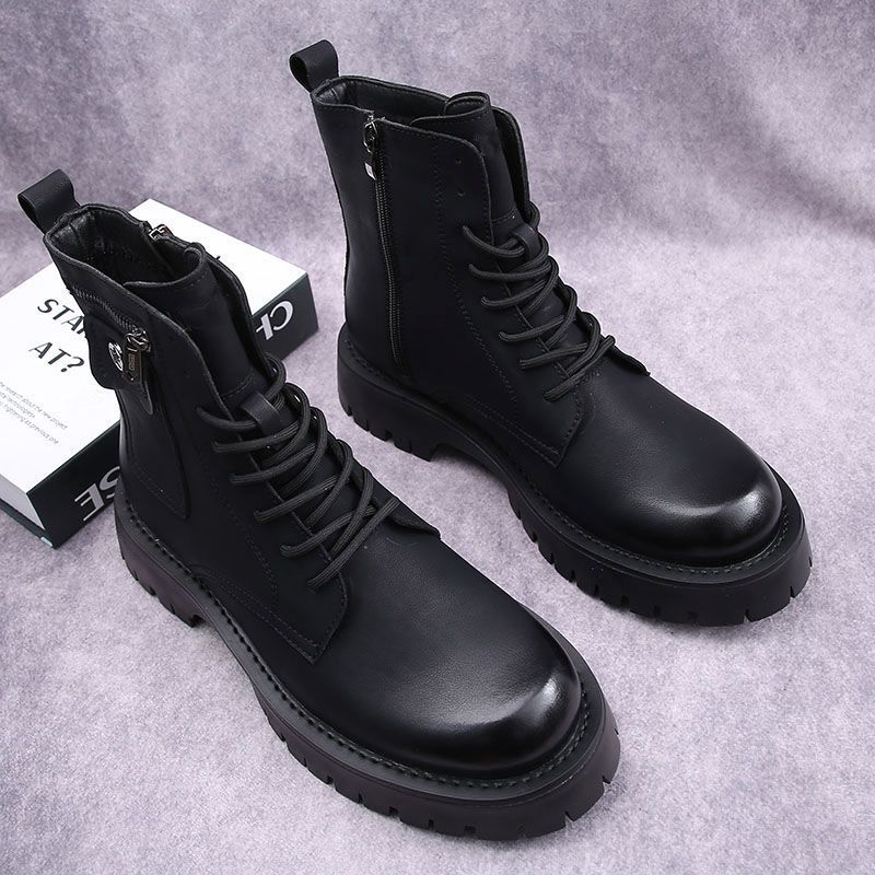 Men's Shoes boots men's Martin boots autumn and winter plus velvet high-top casual leather shoes British versatile thick-soled knight short boots_voghion.com