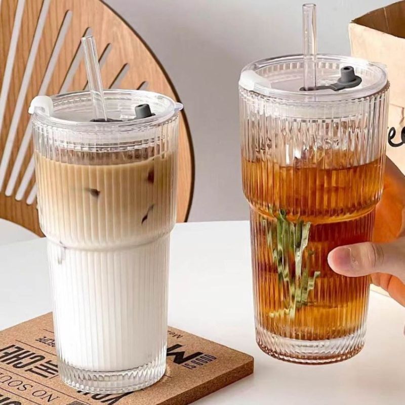 600ML Stripe Glass Coffee Cup With Straw Lid For Milk Tea Juice Breakfast Mugs Drinkware Travel Drinking Water Bottle Ho_voghion.com