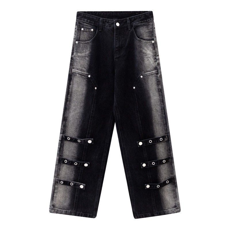 Herenkleding gewassen distressed gespoten apenband versierde jeans unisex modemerk losse wijde pijpen broek_voghion.com