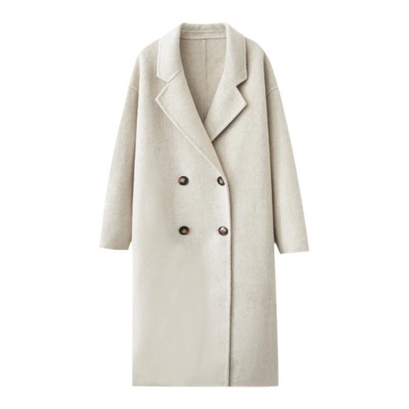 Eleganter Damen-Wollmantel, Wintermantel, langärmelig, warm gefüttert, Trenchcoat für kleine bis große Größen (Haferflocken, Schwarz)_voghion.com