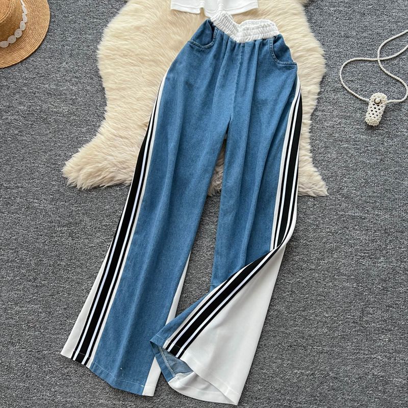 Modischer Freizeitanzug für Damen im Sommer, amerikanische Retro-Hosenträger mit Buchstabenstickerei, kurze Weste, hohe Taille, Denimhose mit weitem Bein_voghion.com