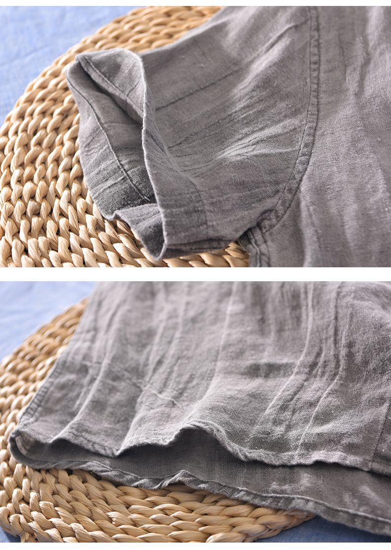 Abbigliamento da uomo, camicia a maniche corte in 100% cotone e lino, casual e traspirante, in lino, sottile, a mezza manica, con risvolto._voghion.com