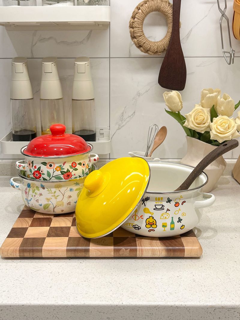 Three-Piece Set Thickened Double-Handled With Lid Baby Food Instant Noodle Flat-Bottom Soup Pot Enamel Cookware_voghion.com