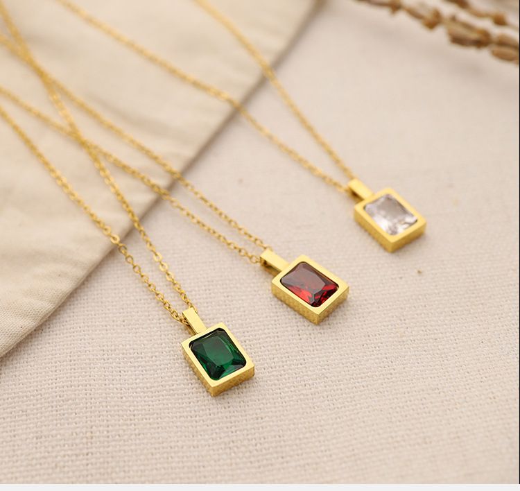 Women's Jewelry Luxury Small Square Colored Zirconium Necklace Rock Sugar Square Brick Fine Titanium Steel Plated K Real Gold Necklace Clavicle Chain_voghion.com