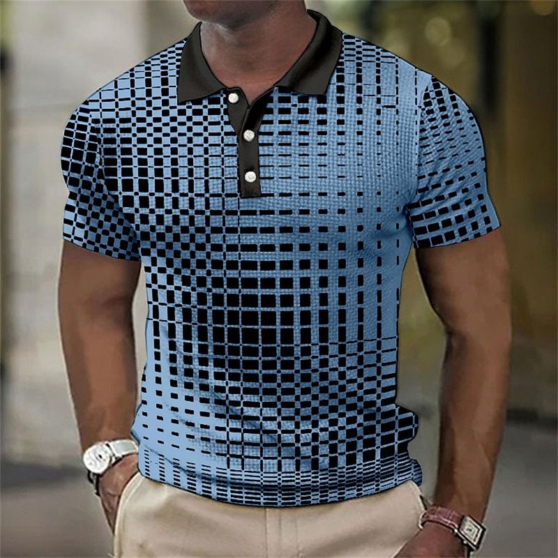 Polo estiva a quadri neri per uomo casual, modello oversize, a maniche corte_voghion.com