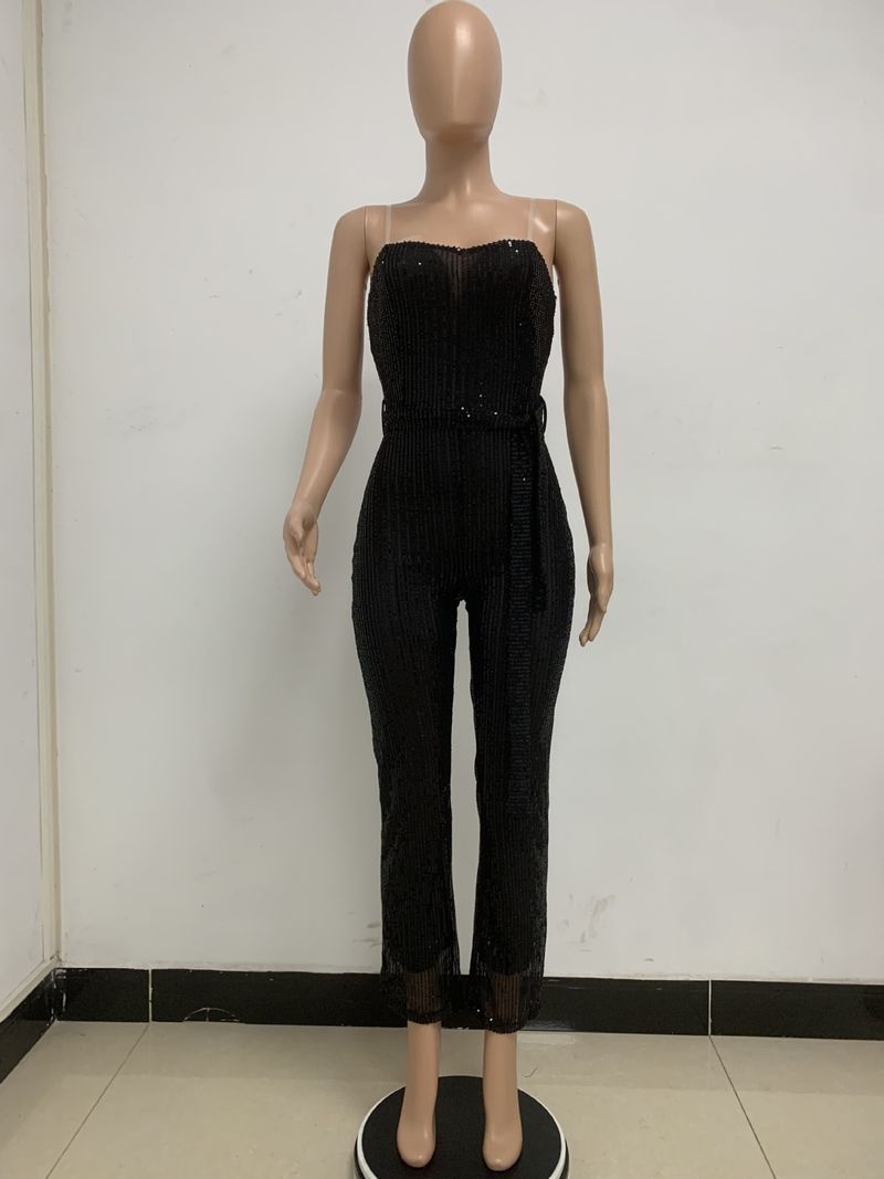 Dametøj Ærmeløs pailletterbæltejumpsuit ensfarvet tubetop rygløs jumpsuit_voghion.com