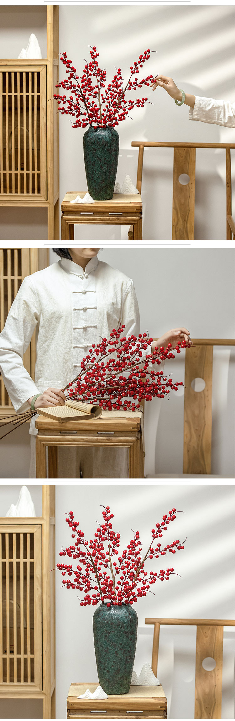 Fiore simulato 6 teste ricchezza frutto rosso agrifoglio produttore decorazione casa matrimonio fiore all'ingrosso MW61209_voghion.com