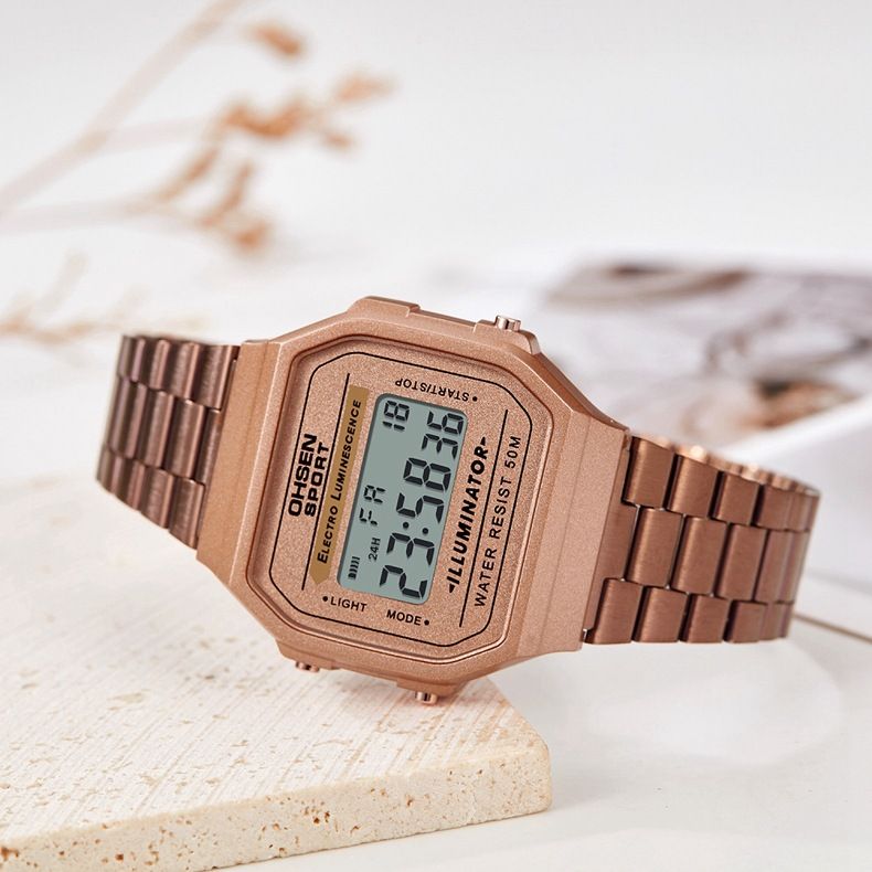 Women's Gold Stainless Steel Strap Electronic Alarm Clock Calendar Week Waterproof Watch_voghion.com