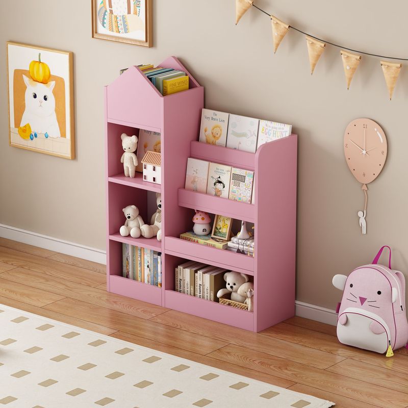 Kids Wooden Bookshelf Toy Storage Organizer With Bookcase, Kid's Storage Unit With 6 Compartments, Children Multi Shelf For Books, Toys Shelf_voghion.com