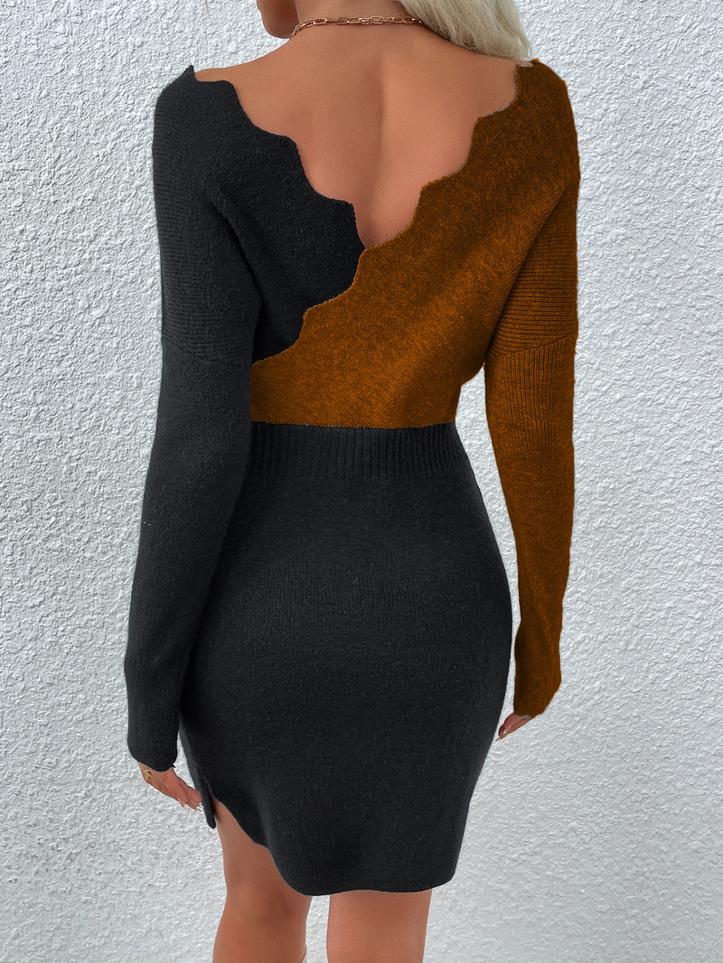 Vêtements pour femmes, pull, col en v, manches chauve-souris ondulées, robe tricotée_voghion.com