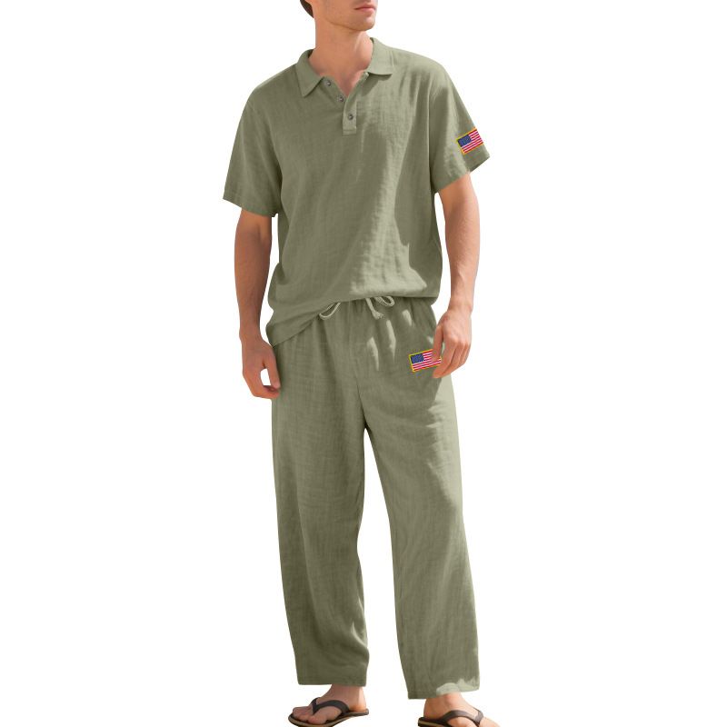 Summer Loose Men's Beach Linen Breathable Casual Large Size Lapel Independence Day Trousers Suit_voghion.com
