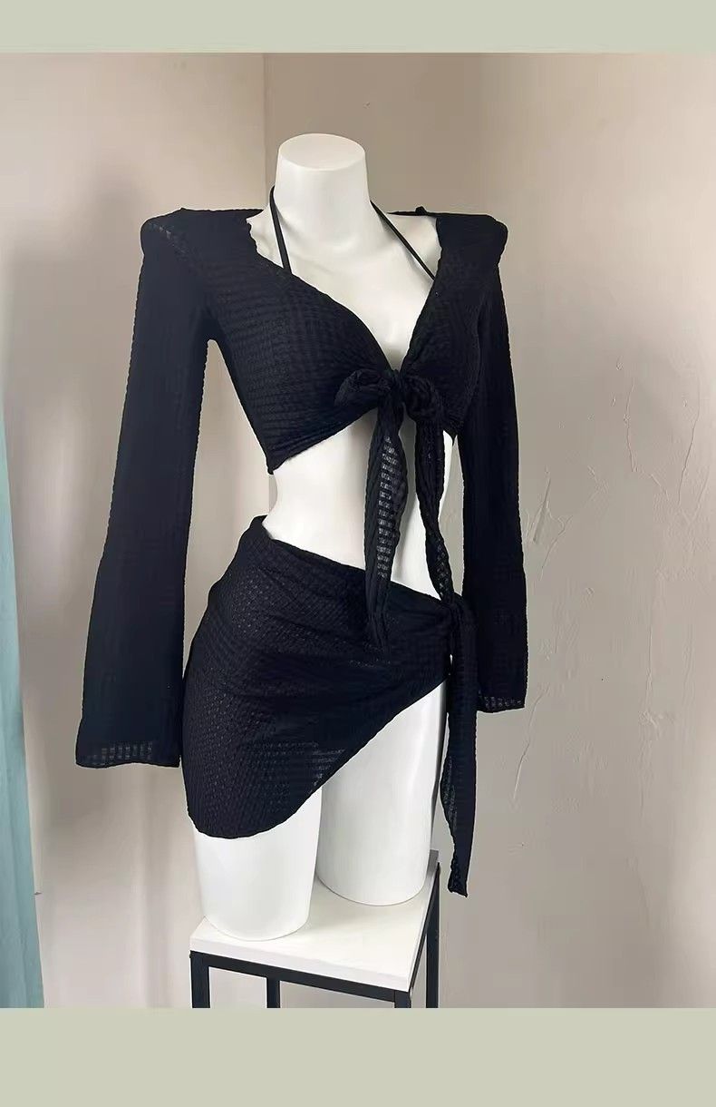 Bikini Langarm Sonnenschutz Zweiteiliger Badeanzug Für Damen Neues Vierteiliges Set High-End Slim Sexy Pure Desire Weiß_voghion.com