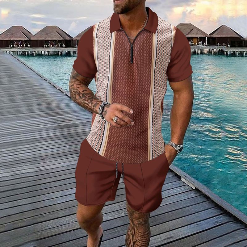 Completo casual da uomo in 2 pezzi - Completo con camicia a maniche corte con cerniera e pantaloncini coordinati | Design alla moda a blocchi di colore_voghion.com