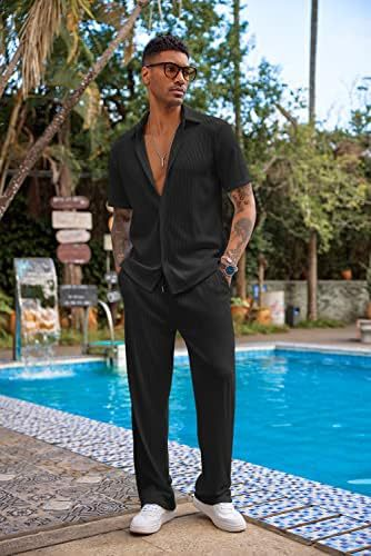Calças compridas de manga curta de cor sólida masculina nova solta conjunto casual_voghion.com