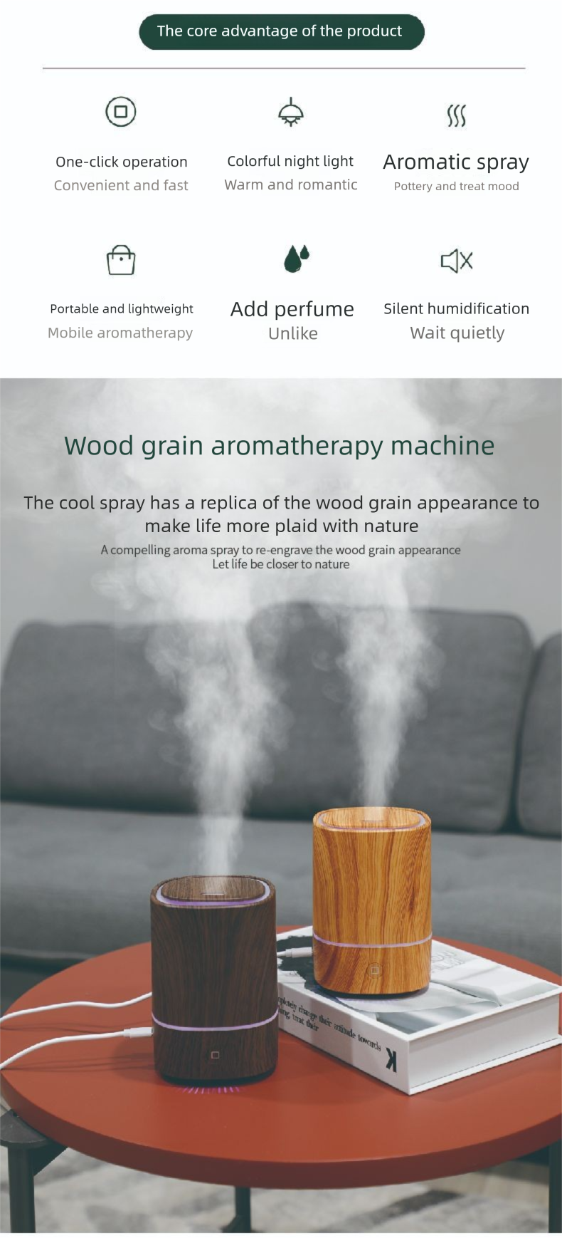 Wood Grain USB Humidifier - Ultrasonic Aroma Diffuser With Colorful Light For Home & Car, Automatic Operation_voghion.com