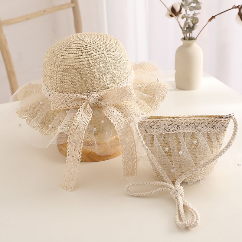 Moda Bambini Ragazze Tesa Larga Paglia Intrecciata Protezione Solare Cappello da Spiaggia Pizzo Perla Estate Floppy Bucket Cap Borsa Portatile панама_voghion.com