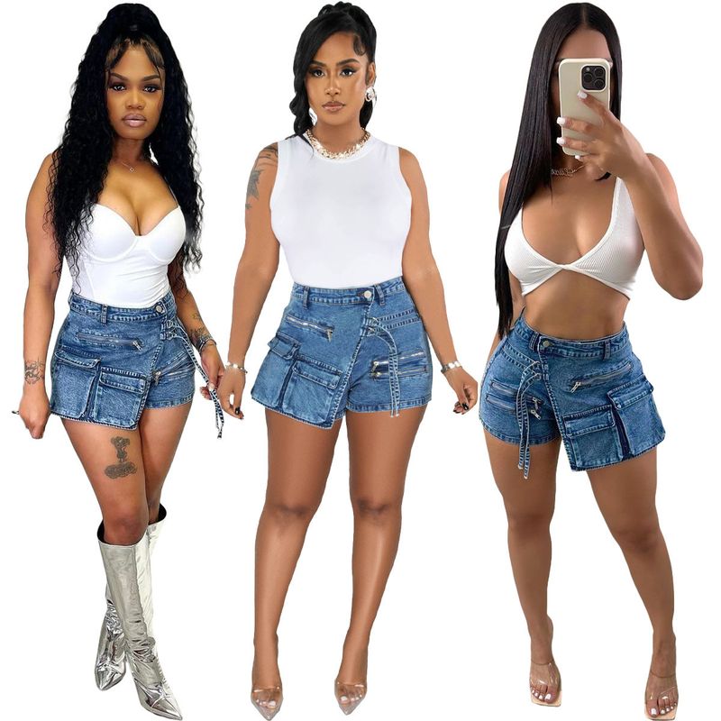 Mono de mezclilla elástico para mujer, pantalones cortos de mezclilla con múltiples bolsillos con cremallera_voghion.com