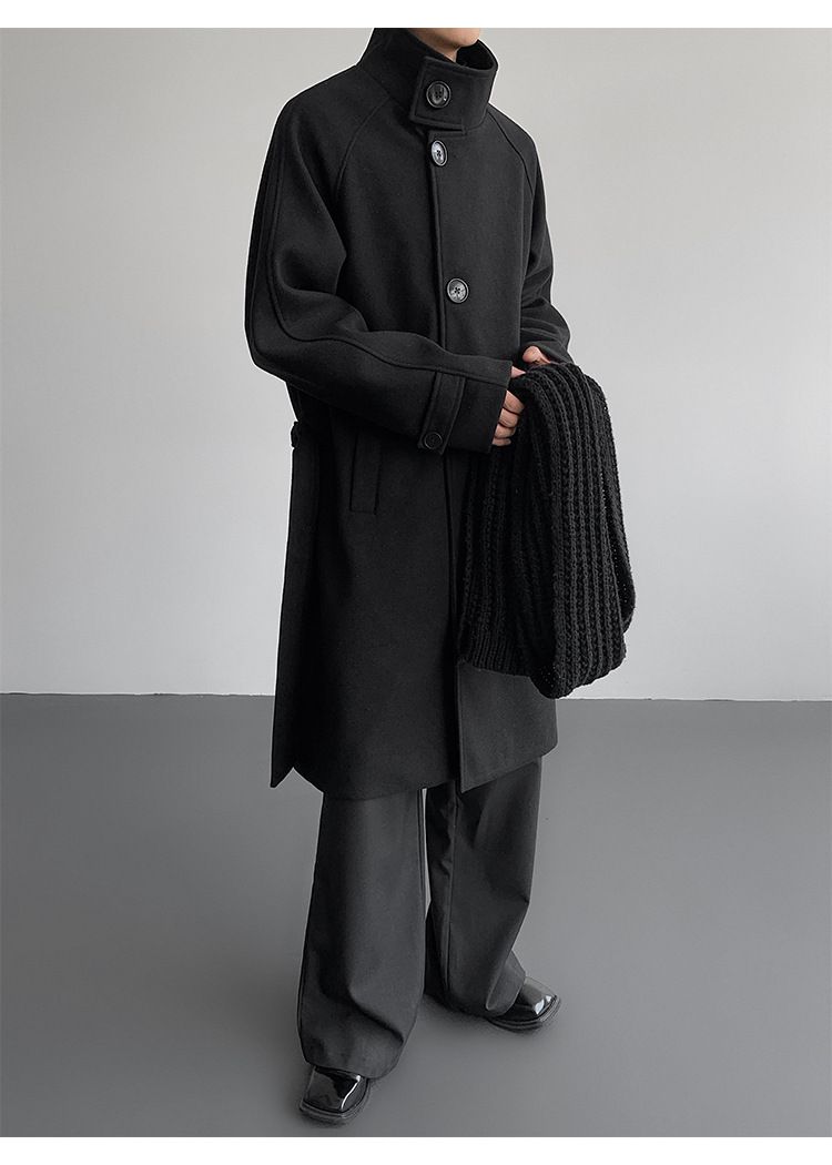 Gabardina de mezcla de lana con cuello alto para hombre: abrigo largo entallado, chaqueta de invierno de botonadura sencilla (negro/albaricoque, M-5XL)_voghion.com
