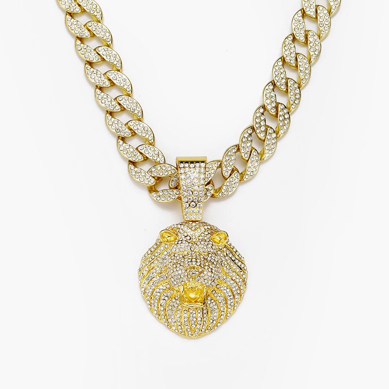 Cool Full Dia Personality Three Dimensional Lion Head Pendant Cuban Necklace Street Hip Hop Style_voghion.com