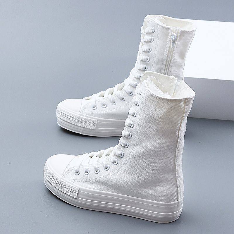 All Black High Top Canvas For Women With Raised Side Zippers, Thick Soles, Long Sleeves, White Minimalist Dance Shoes_voghion.com